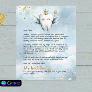 May include: A Tooth Fairy letter for Ethan, featuring a smiling tooth with wings and a crown. The letter is on a blue and white background with gold accents, a gold star wand, and a gold ribbon.