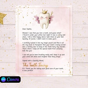 May include: A whimsical Tooth Fairy letter and wand set. The letter features a cartoon tooth with a crown and wings, along with a gold glitter wand. The text reads "Dear Sophie" and is signed "The Tooth Fairy".