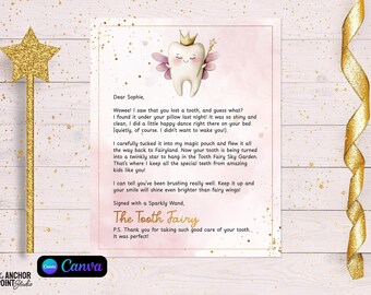 Carta da Fada do Dente, Bilhete da Fada do Dente, Almofada da Fada do Dente, Carta da Fada do Dente para Menina, Fada do Dente para Menina, Modelo da Fada do Dente, Editável, Canva