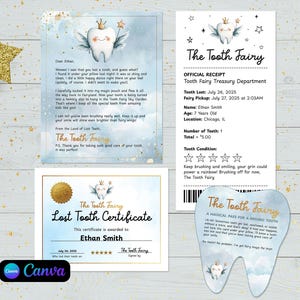May include: A collection of Tooth Fairy themed items, including a letter, receipt, certificate, and a tooth-shaped pass. The items feature a cartoon tooth with wings and a crown. A gold glitter star wand and ribbon are also included.