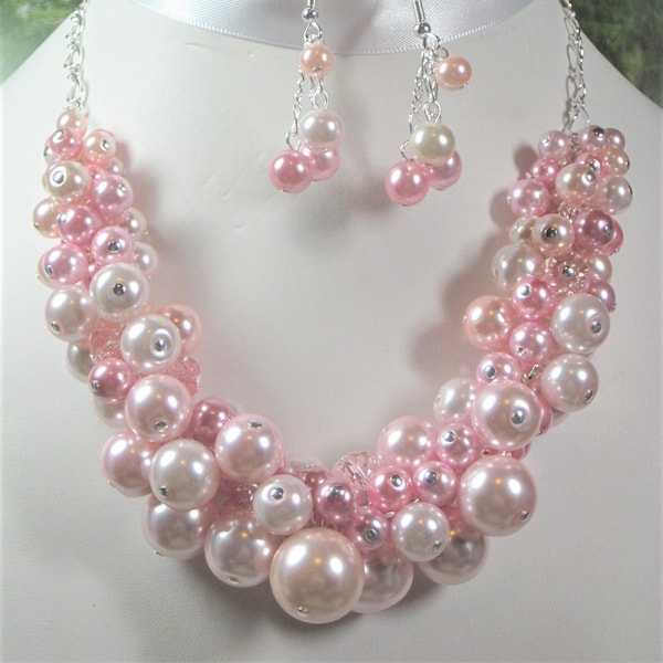 Pearl Cluster Necklace in Shades of Rose and Pink- Chunky, Choker, Bib, Necklace, Wedding, Bridal, Bridesmaid