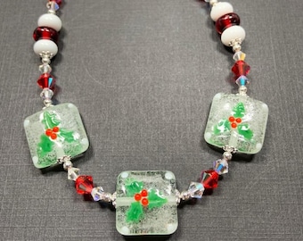 Holly and Berries - Artisan  Lampwork and Swarovski Crystal Necklace - One of a Kind, SRAJD