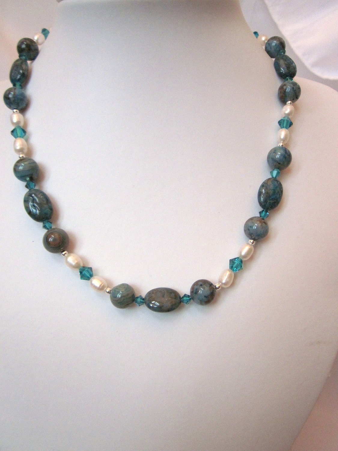 Necklace of Blue dyed Crazy Lace Agate White Freshwater - Etsy