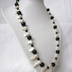 Long Black and White Necklace of Black Glass Beads and White Fresh Water Blister Pearls image 5