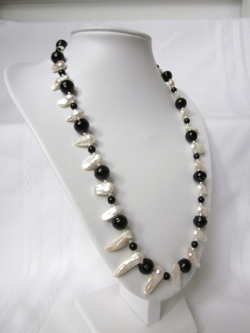 Long Black and White Necklace of Black Glass Beads and White Fresh Water Blister Pearls image 5