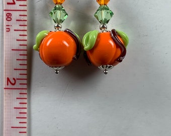 Pumpkins on the Vine- Artisan  Lampwork and Swarovski Crystal Earrings - Celebrate Halloween in Style, SRAJD