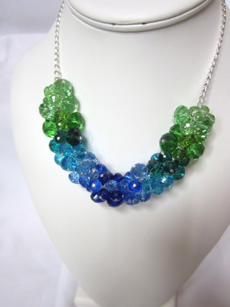 Crystal Creations Cluster Necklace shades of Blue and Green Etsy