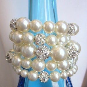 Celebration -5 Strand Swarovski Crystal Pearl and Crystal Rhinestone Bracelet, Bridemaids, Wedding, Prom, Formal, Holiday, Christmas