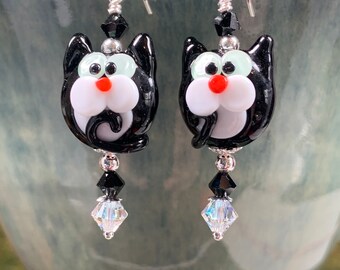 Tuxedo Cat - Artisan  Lampwork and Swarovski Crystal Earrings, Kitty, SRAJD