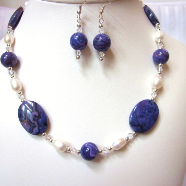 Necklace of Violet Crazy Lace  Agate, White Freshwater Pearls, and Swarovski Crystal Accents, Unique, OOAK, Choker, One of a Kind