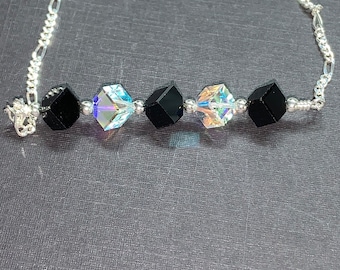 Crystal Dice/ Diagonal Cube Bar Sterling Silver Necklace with Swarovski