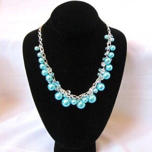 Pearl and Crystal Cluster Necklace Terrific Turquoise Color Chunky, Choker, Bib, Necklace, Wedding, Bridal, Bridesmaid image 5