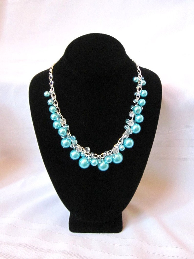 Pearl and Crystal Cluster Necklace Terrific Turquoise Color Chunky, Choker, Bib, Necklace, Wedding, Bridal, Bridesmaid image 5