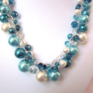 Turquoise / Teal / Ivory Pearl and Crystal Cluster Necklace Chunky, Choker, Bib, Necklace, Wedding, Bridal, Bridesmaid image 2