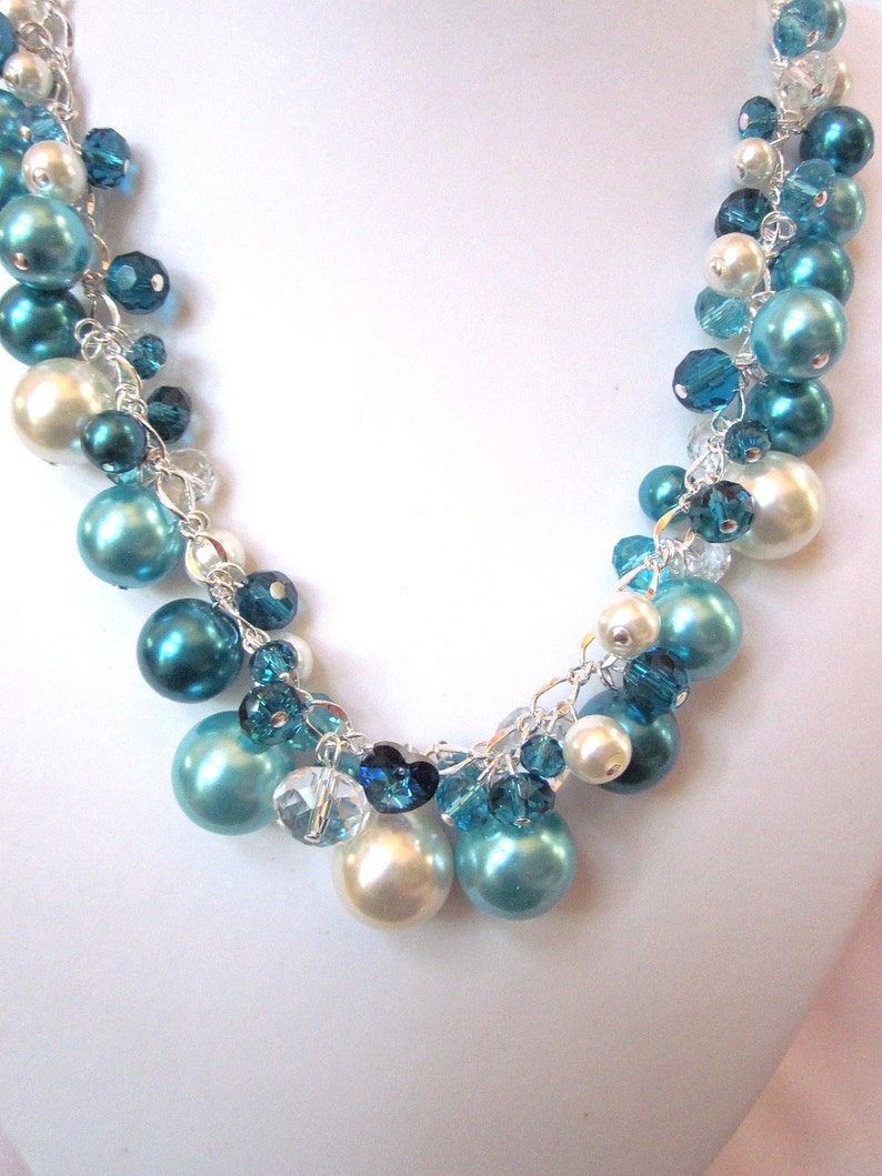 Turquoise / Teal / Ivory Pearl and Crystal Cluster Necklace Chunky, Choker, Bib, Necklace, Wedding, Bridal, Bridesmaid image 2