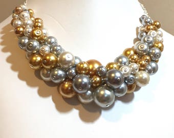 Pearl Cluster Necklace "Silver and Gold" - Gold, Gray and Silver- Chunky, Choker, Bib, Necklace, Wedding, Bridesmaid, Prom, SRAJD, Custom