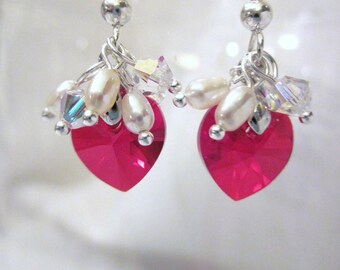 Elegant Earrings of Red Swarovski Heart Crystals and White Fresh Water Pearls  Wedding, Bride, Bridesmaid, Formal