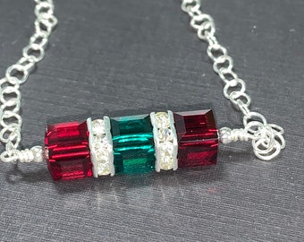 Crystal Cube Bar sterling Silver Necklace with Swarovski Cubes