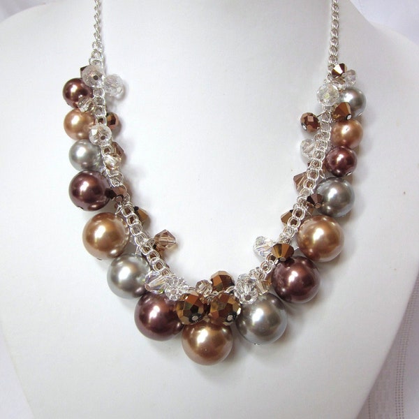 Pearl & Crystal Cluster Necklace - "Olympic Celebration" in Gold, Silver and Bronze -Chunky, Choker, Bib, Bridal, Wedding