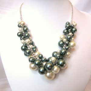Dark Green Pearl Cluster Necklace: Silver Plated Party Pearls