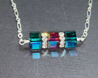 Crystal Cube Bar sterling Silver Necklace with Swarovski Cubes