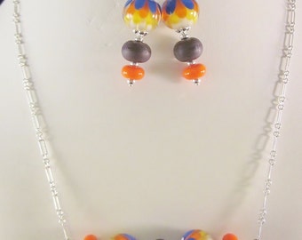 Sterling Silver Necklace Earring Set: Lotus Lampwork Glass Jewelry
