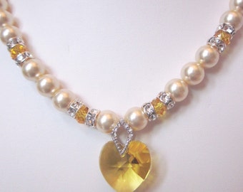 Swarovski Pearl and Crystal Necklace - Swarovski Pearls and Golden Yellow Crystal Heart - Weddings, Brides, Bridesmaids, Proms, SRAJD