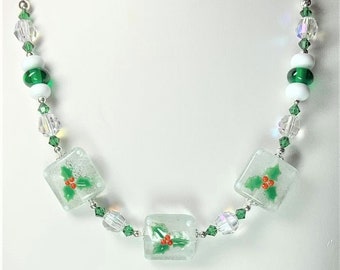 Holly and Berries - Artisan  Lampwork and Swarovski Crystal Necklace - One of a Kind, SRAJD