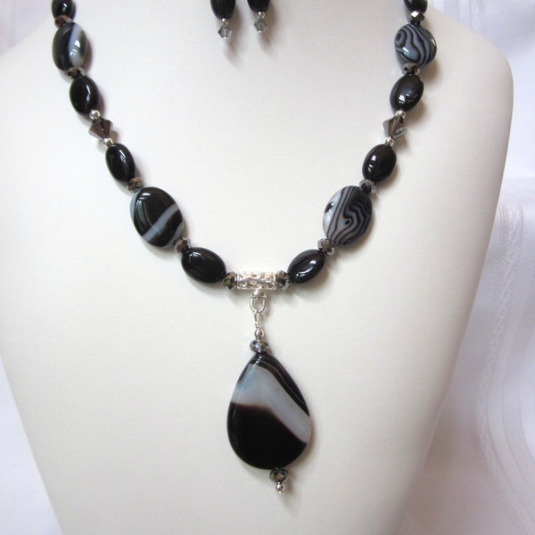 Bold, Black And White Striped Agate Necklace Accented with Black Diamond Crystals and a Pear Shaped Agate Pendant, OOAK, Unique, Handmade