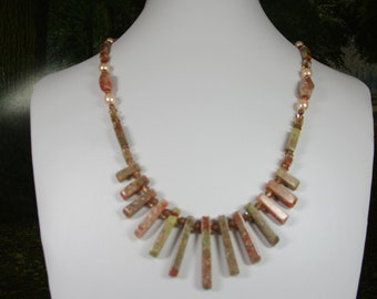 Autumn Jasper Necklace and Earrings - Accented with Fresh Water Peachy Color Pearls, OOAK, Unique, SRAJD