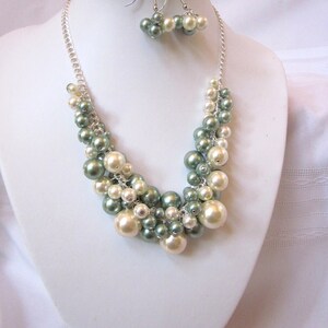 Pearl Cluster Necklace Set in Sage Green and Cream / Ecru - Etsy