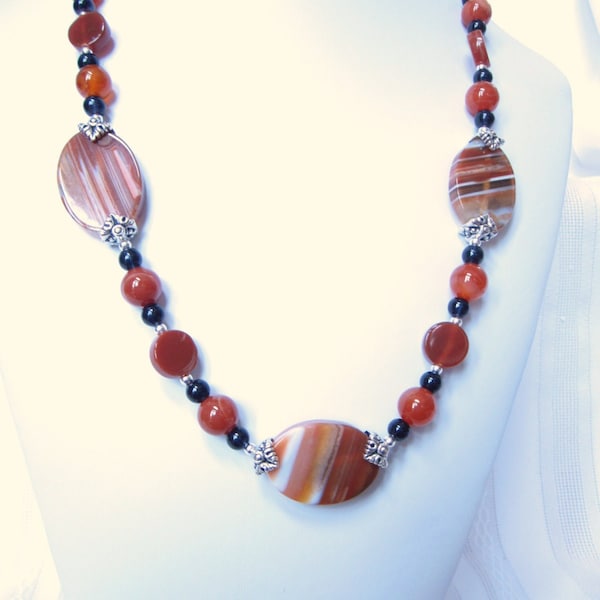 Necklace of Red - Orange Striped Oval Agates, Carnelian and Black Pearl Beads, Bold, Beautiful, Chunky, Natural, Handmade, OOAK