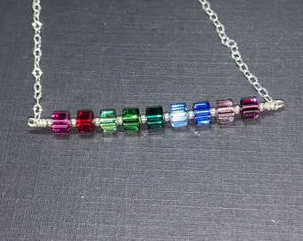 Crystal Cube Bar sterling Silver Necklace with Swarovski Cubes