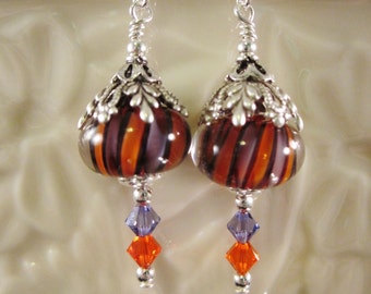 Sterling Silver Earrings - "Mardi Gras" -Artisan Lampwork Glass, Swarovski Crystal, Unique, Hand Crafted, One of a Kind, SRAJD, OOAK