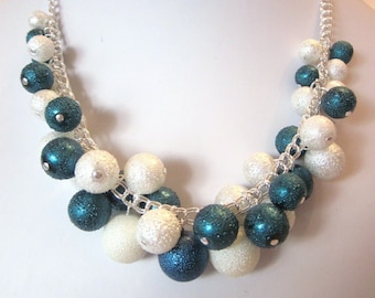 Bumpy Pearl Cluster Necklace in Teal Blue and White- Chunky, Choker, Bib, Necklace, Wedding, Bridal, Bridesmaid, SRAJD, Ready to Ship