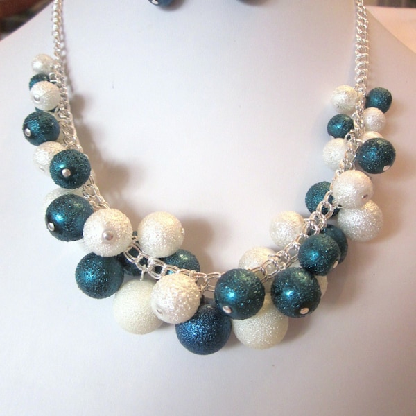Bumpy Pearl Cluster Necklace in Teal Blue and White- Chunky, Choker, Bib, Necklace, Wedding, Bridal, Bridesmaid, SRAJD, Ready to Ship