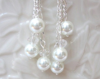 Bridal Earrings of White Pearls Accented with Crystal Rondelles