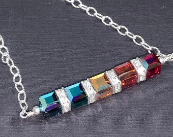 Crystal Cube Bar sterling Silver Necklace with Swarovski Cubes
