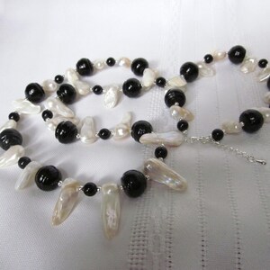Long Black and White Necklace of Black Glass Beads and White Fresh Water Blister Pearls image 3