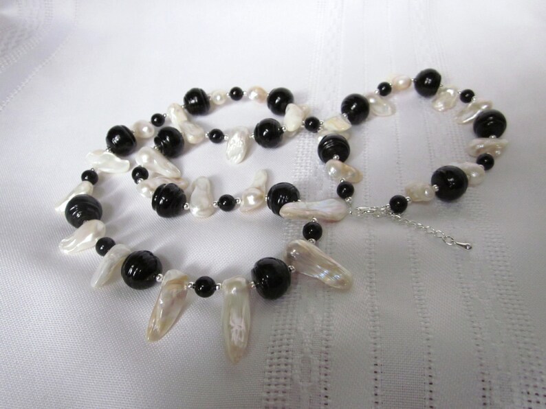 Long Black and White Necklace of Black Glass Beads and White Fresh Water Blister Pearls image 3