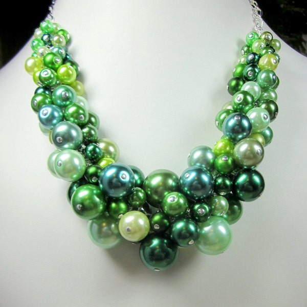 Shades of Green -Party Pearls -Cluster Necklace Set -Glass Pearls - Chunky, Choker, Bib, Necklace, Wedding, Prom, Formal, OOAK, RTS, SRAJD