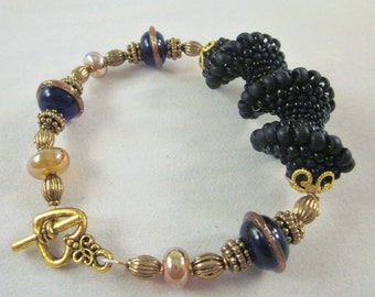 Black Spiral Lampwork Glass Bracelet - Antique Gold Finished - Handmade, Unique, OOAK, SRAJD