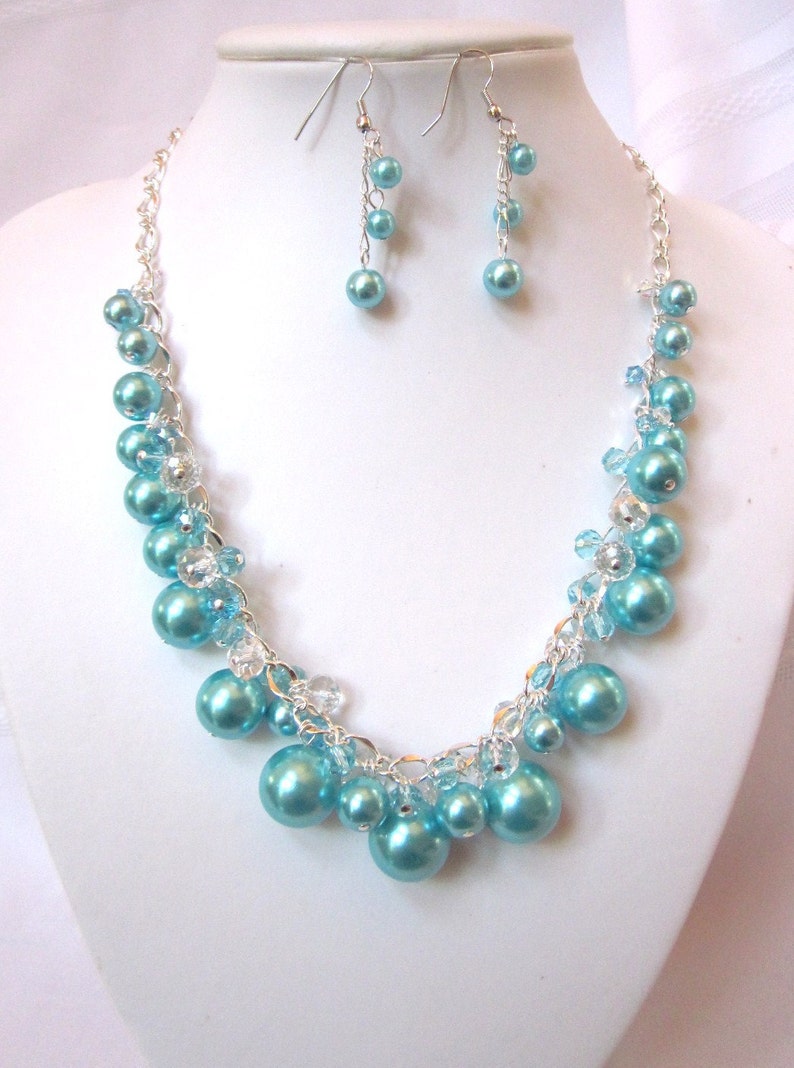 Pearl and Crystal Cluster Necklace Terrific Turquoise Color Chunky, Choker, Bib, Necklace, Wedding, Bridal, Bridesmaid image 1