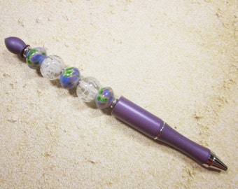 Lampwork Glass Beaded Ballpoint Pen: Artisan Crafted Violet Ink Pen