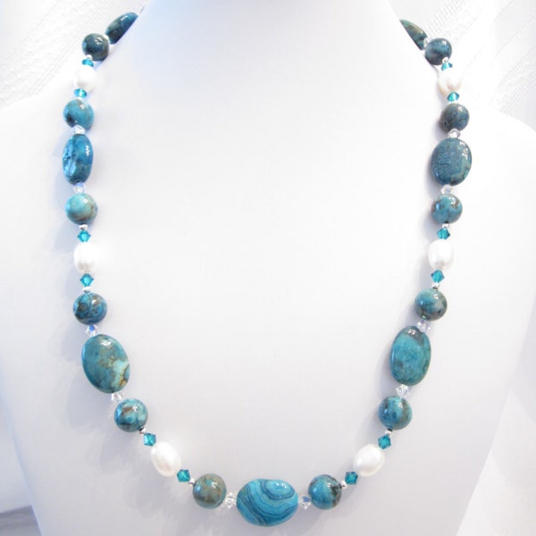 Necklace of  Blue (Dyed) Crazy Lace  Agate, White Freshwater Pearls, and Swarovski Crystal Accents, OOAK, Choker, Unique