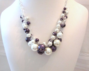 Pearl and Crystal Cluster Necklace  in White and Dark Purple- Chunky, Choker, Wedding, Bridal, Bridesmaid, Bright, Bold, College Colors