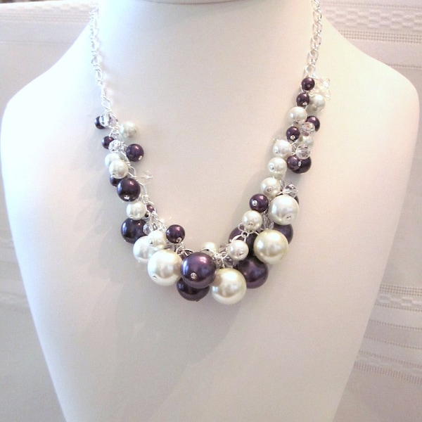 Pearl and Crystal Cluster Necklace  in White and Dark Purple- Chunky, Choker, Wedding, Bridal, Bridesmaid, Bright, Bold, College Colors