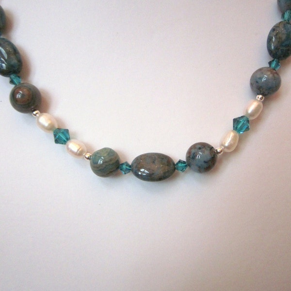 Necklace of  Blue (Dyed) Crazy Lace  Agate, White Freshwater Pearls, and Swarovski Crystal Accents