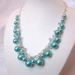 Pearl and Crystal Cluster Necklace Terrific Turquoise Color Chunky, Choker, Bib, Necklace, Wedding, Bridal, Bridesmaid image 2