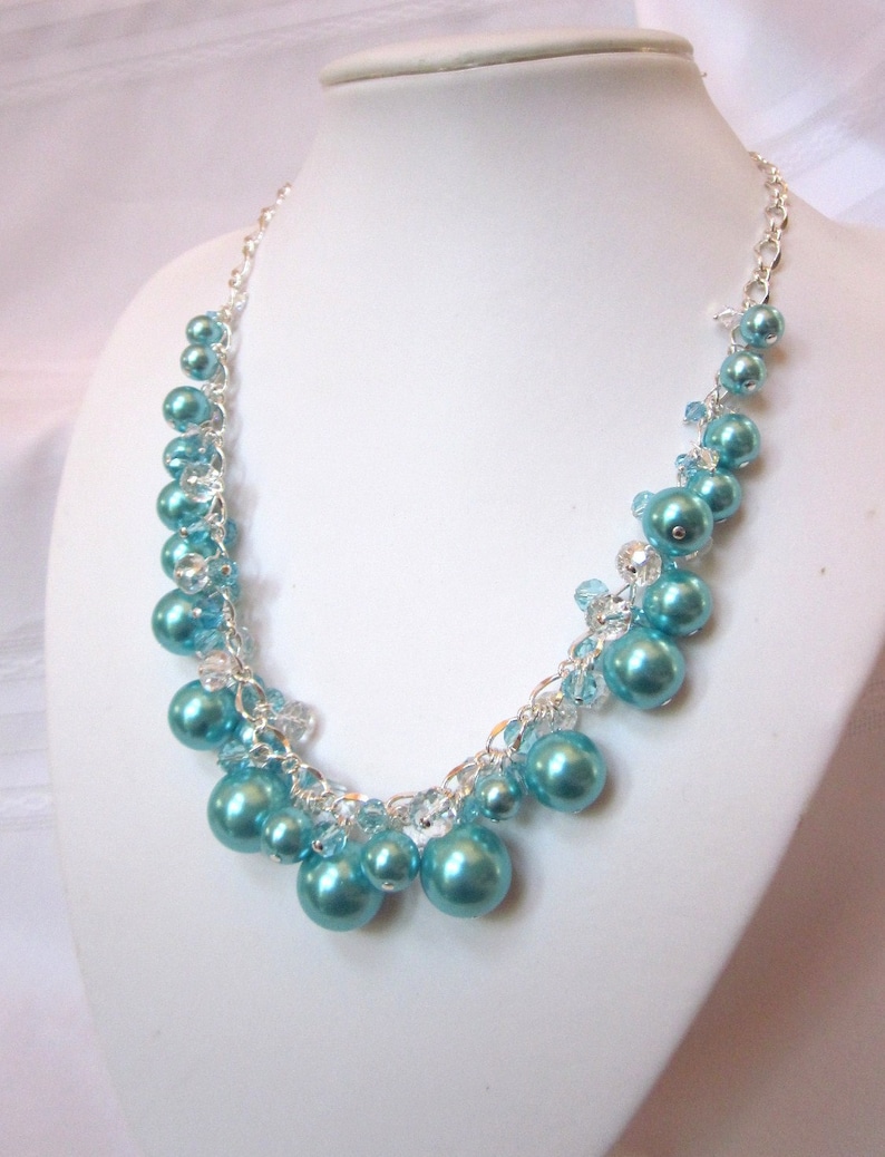 Pearl and Crystal Cluster Necklace Terrific Turquoise Color Chunky, Choker, Bib, Necklace, Wedding, Bridal, Bridesmaid image 2